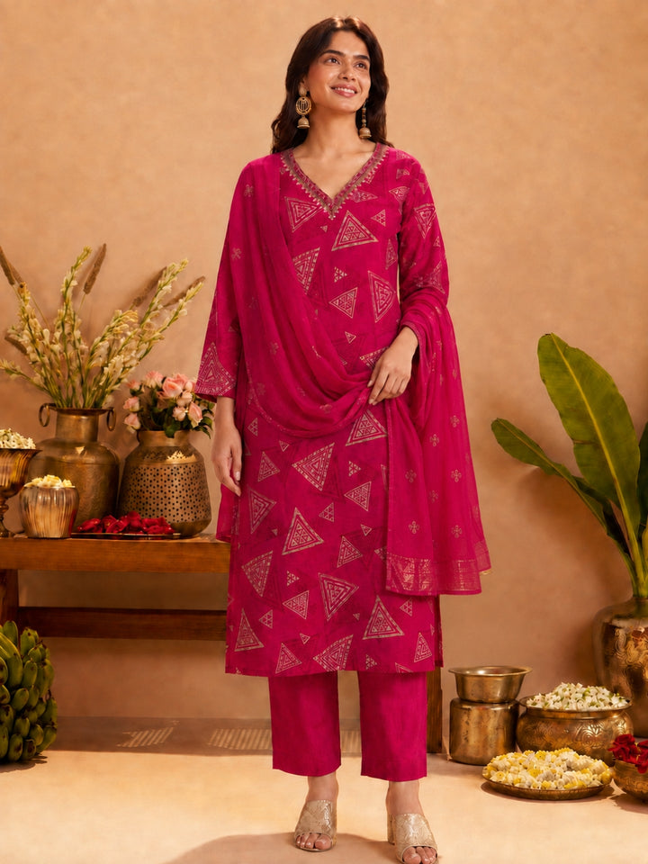 Sanjh Trirose Printed Works Suit Set