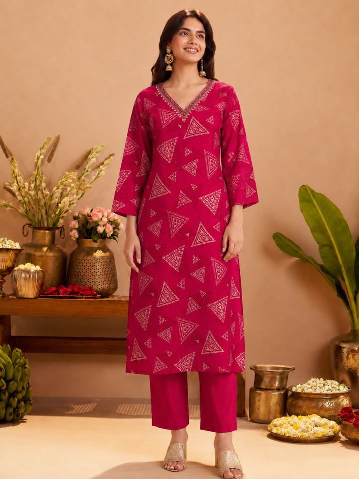 Sanjh Trirose Printed Works Suit Set