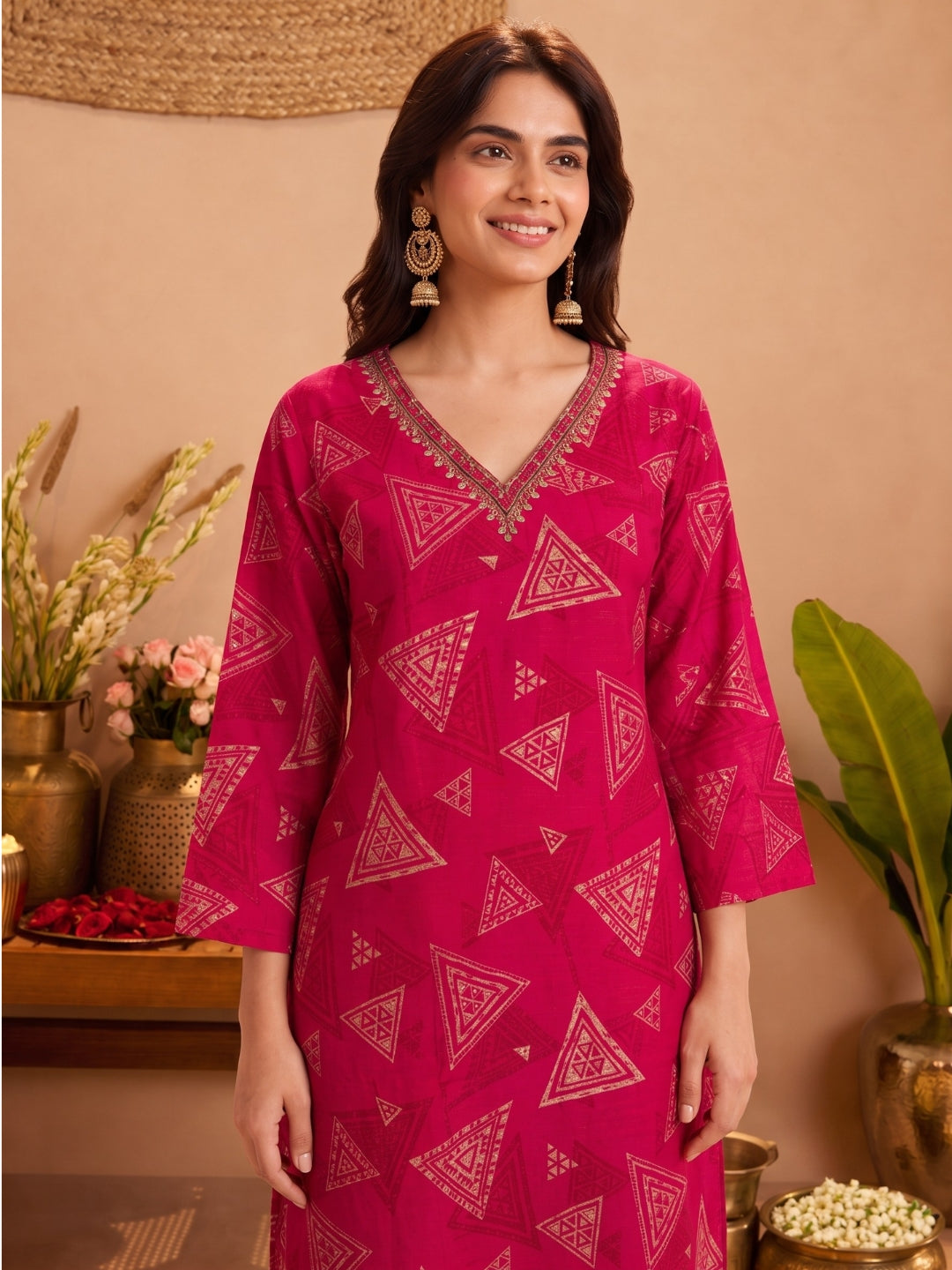 Sanjh Trirose Printed Works Suit Set