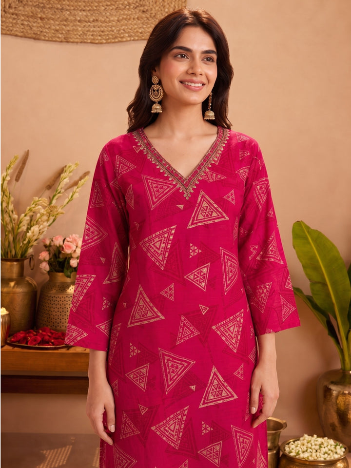 Sanjh Trirose Printed Works Suit Set