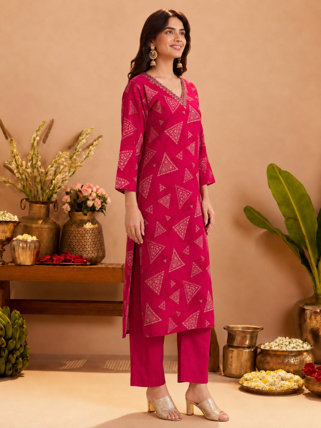 Sanjh Trirose Printed Works Suit Set
