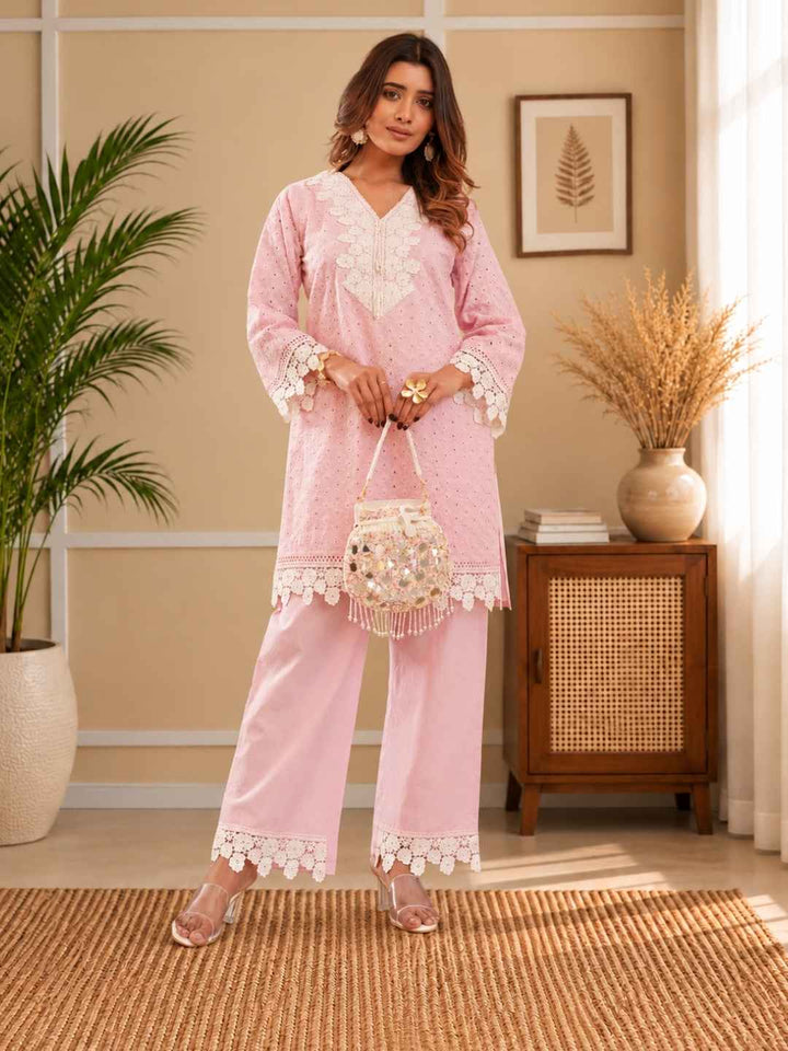 Subarna Softpink Cotton Shchiffli Co-ord Set