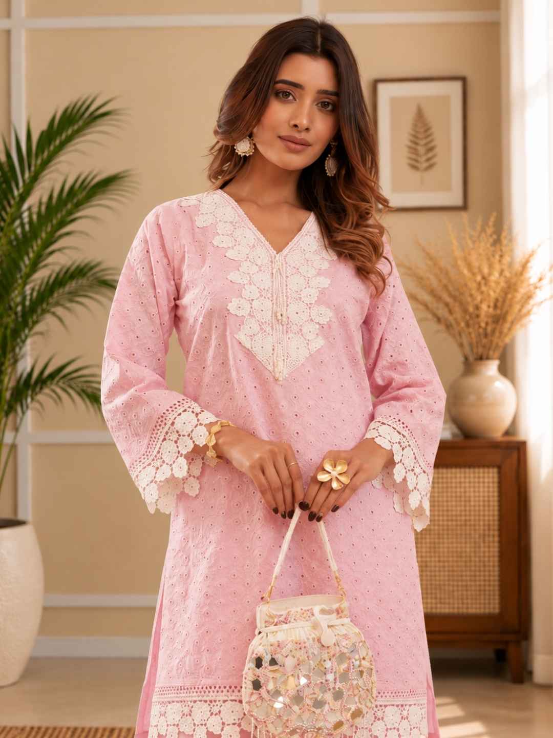 Subarna Softpink Cotton Shchiffli Co-ord Set