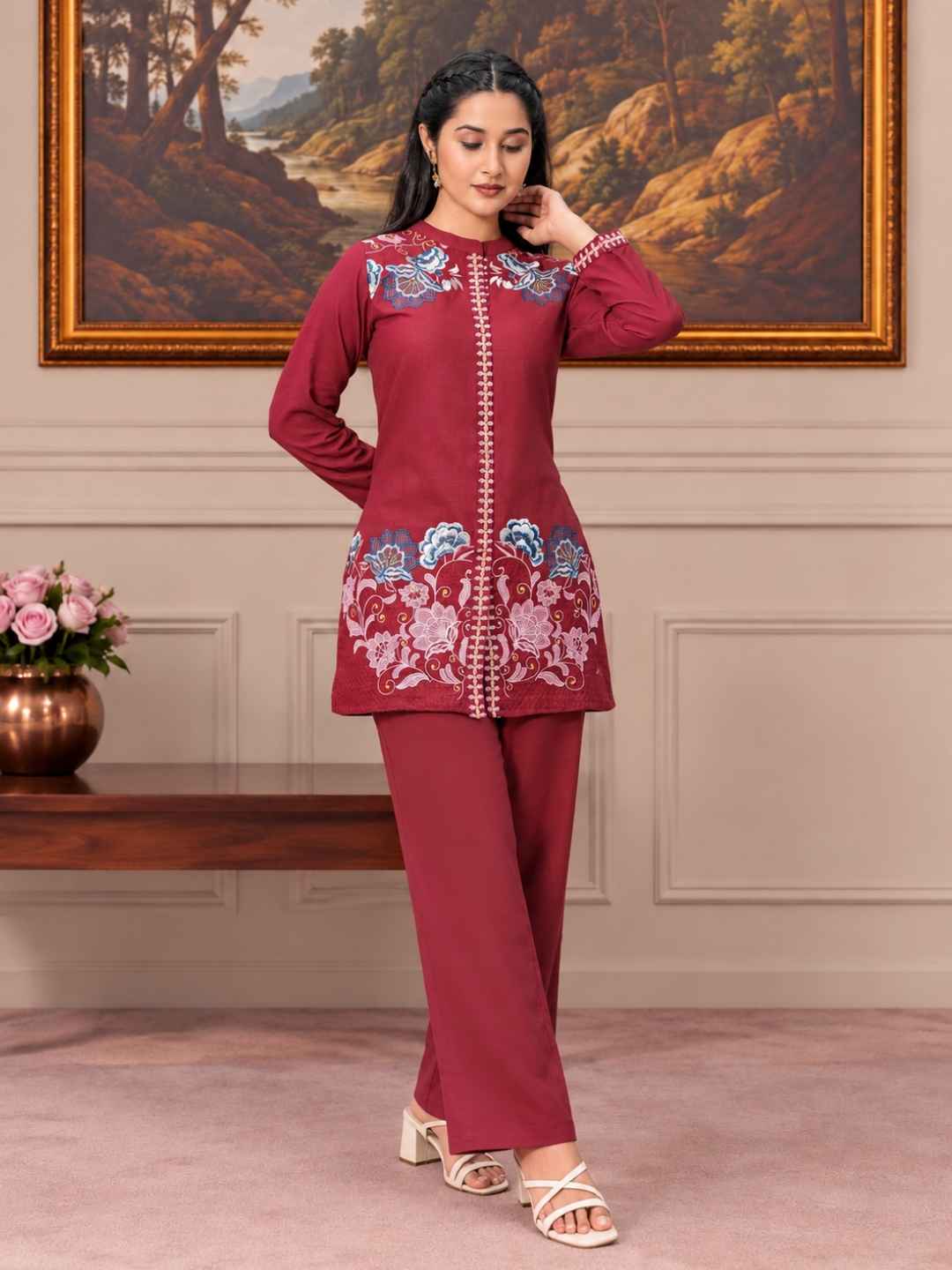 Sanjana Burgundy Embroidered Co-ord Set
