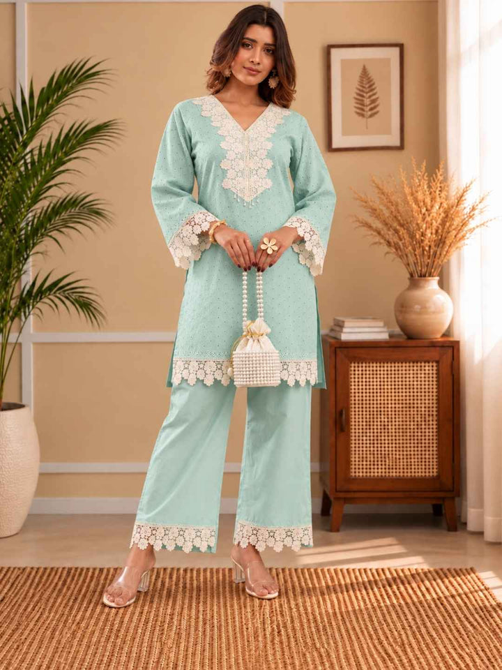 Subarna softblue Cotton Shchiffli Co-ord Set