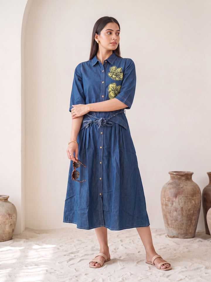 Tatva Taupe Applique Denim Dress