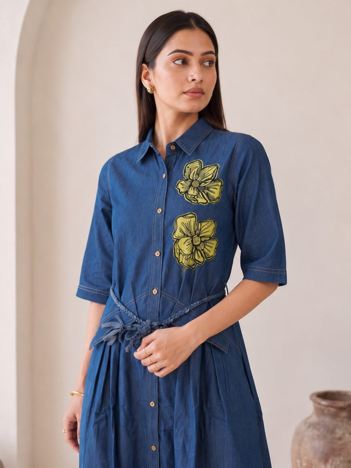Tatva Taupe Applique Denim Dress