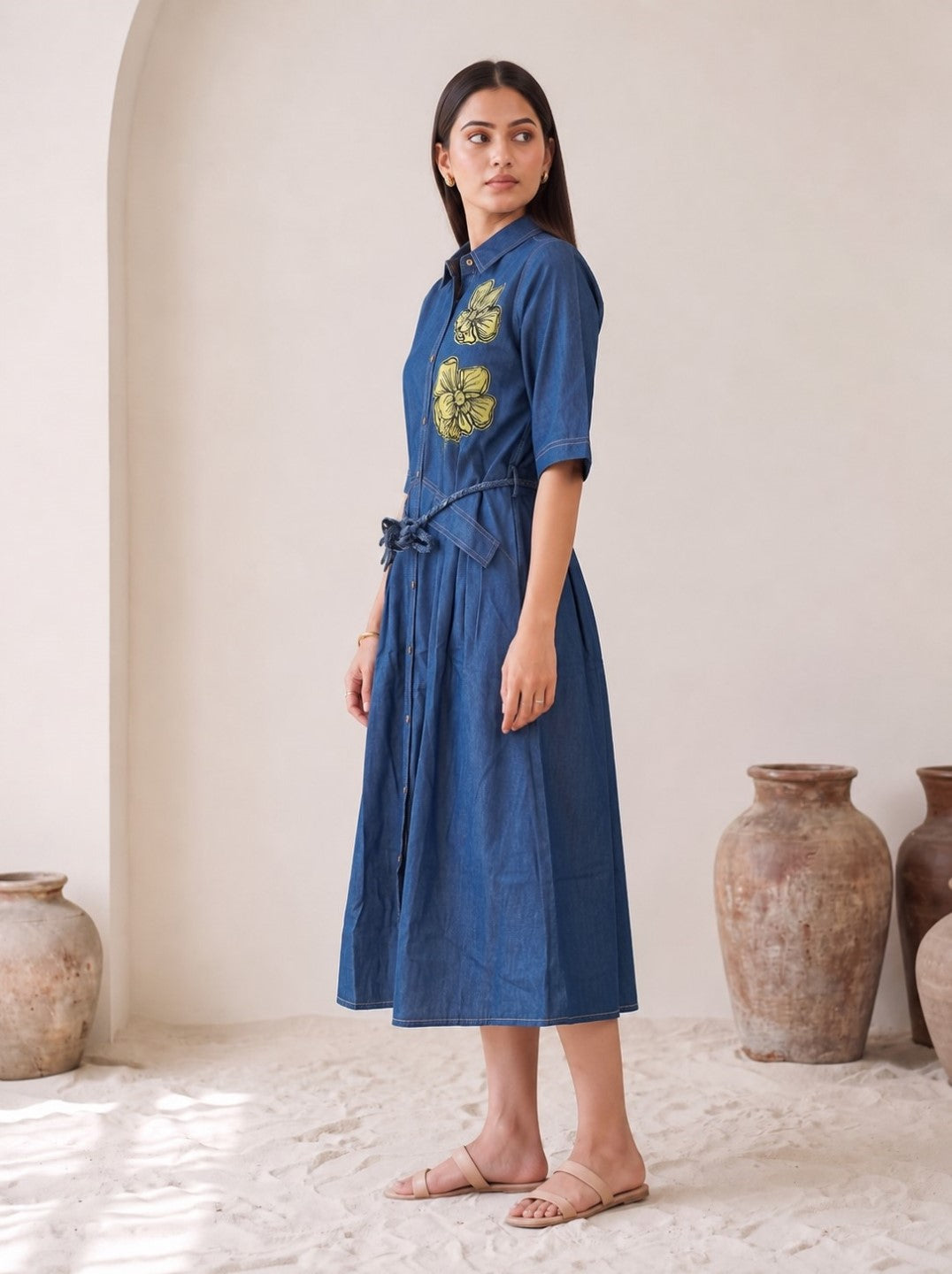 Tatva Taupe Applique Denim Dress