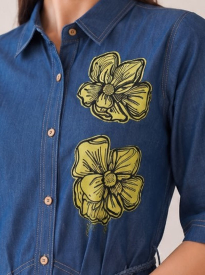 Tatva Taupe Applique Denim Dress