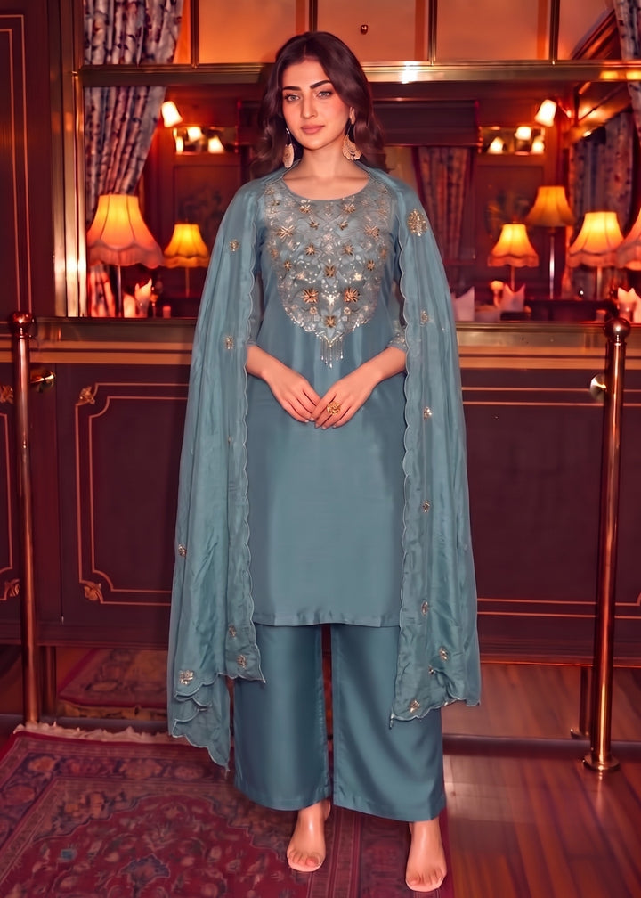 Tisca Cerulean Handwork Festive Suit Set