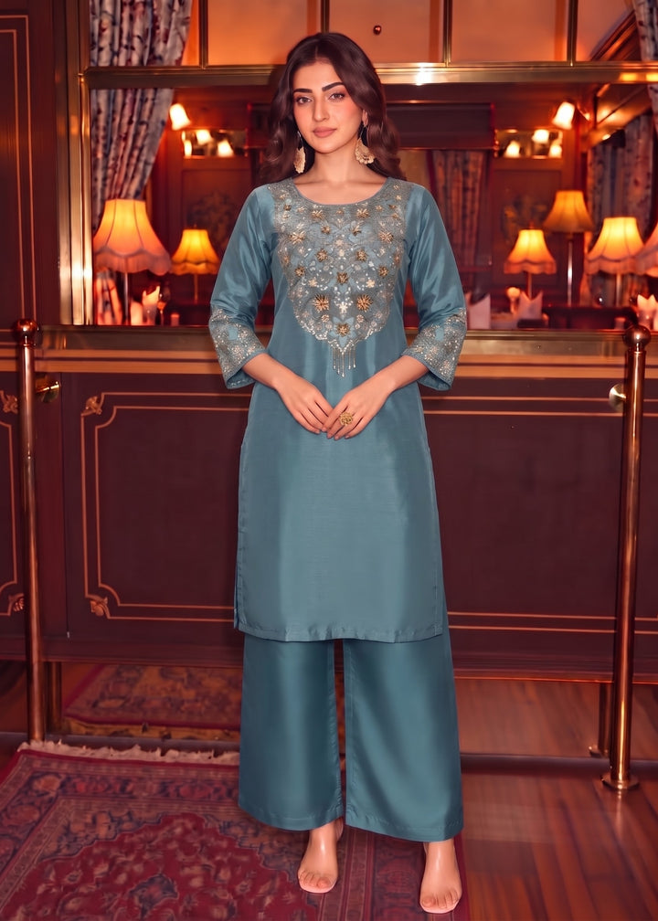 Tisca Cerulean Handwork Festive Suit Set