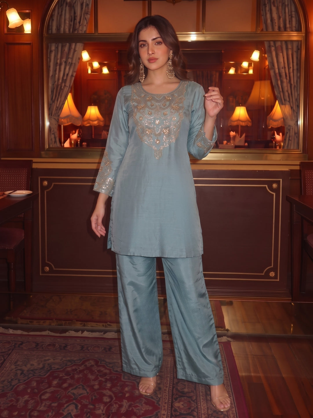 Tisca Cerulean Handwork Festive Suit Set