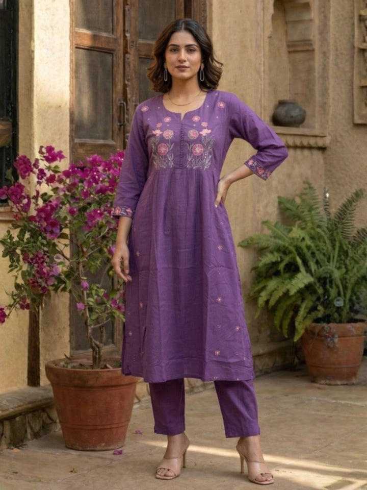 Chandri Lavender Embroidered Kurta Pant Set