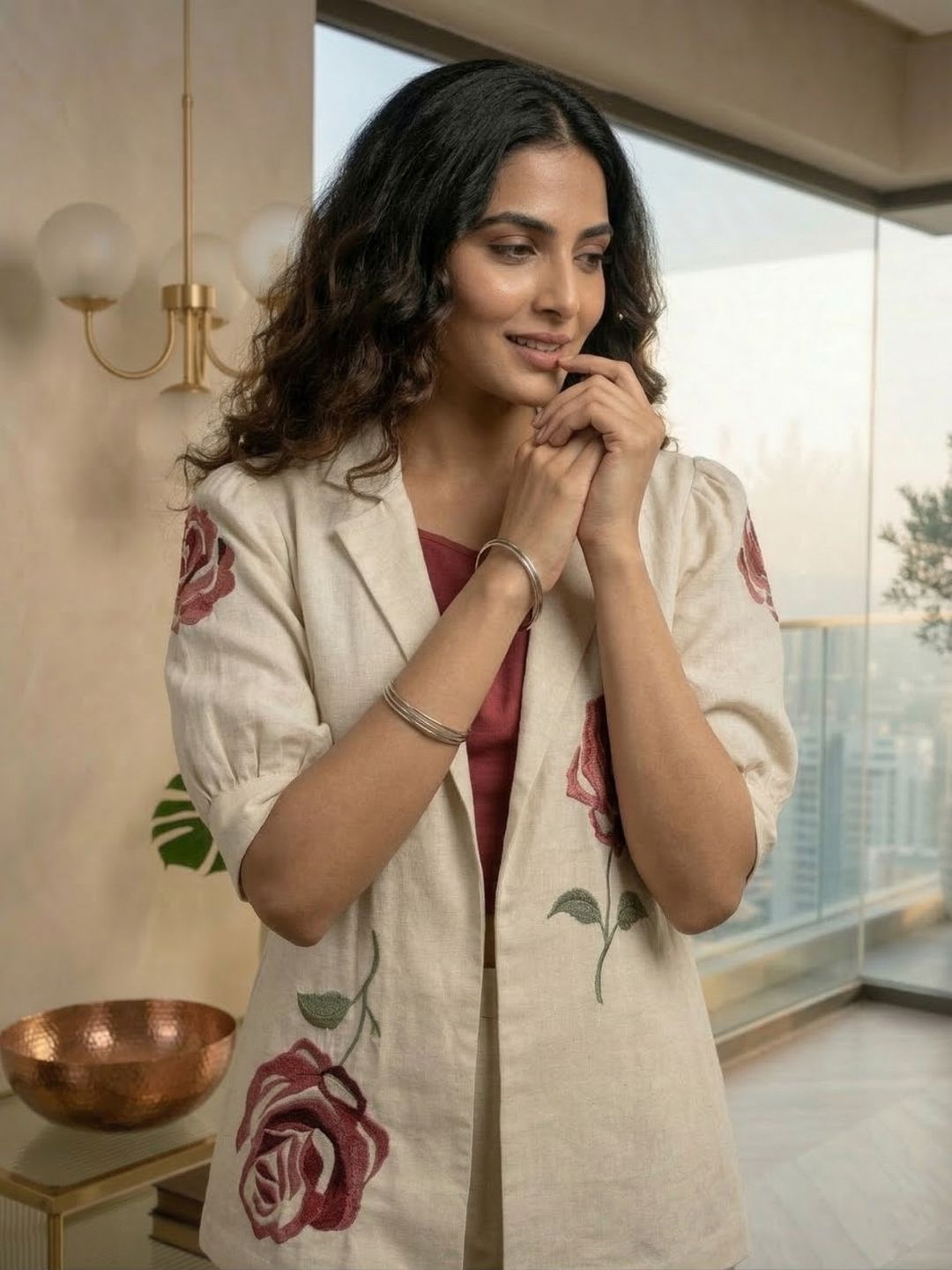 Drona pearl embroidery cotton 3 pc co-ord set