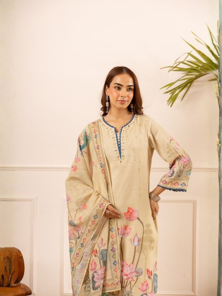 Mihika tan printed cotton suit set