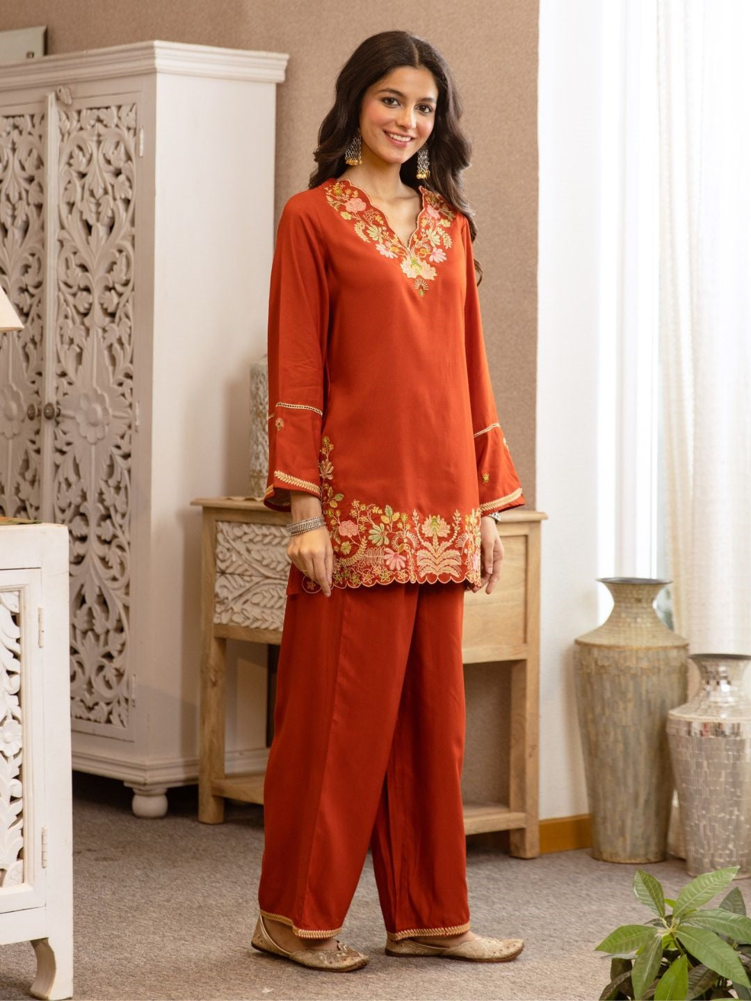 Karen Apricot Embroidery Cotton Co-ord Set