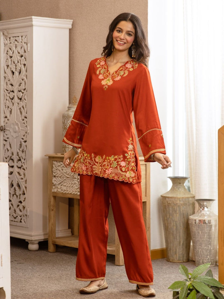 Karen Apricot Embroidery Cotton Co-ord Set
