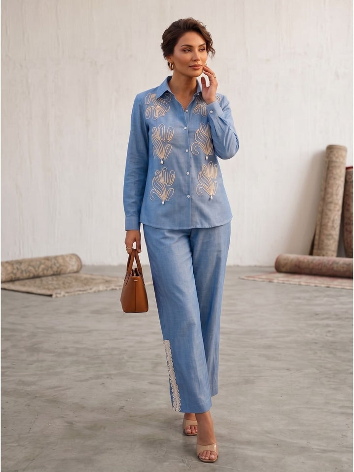 Tatva Oxford Embroidery Cotton Co-Ord Set
