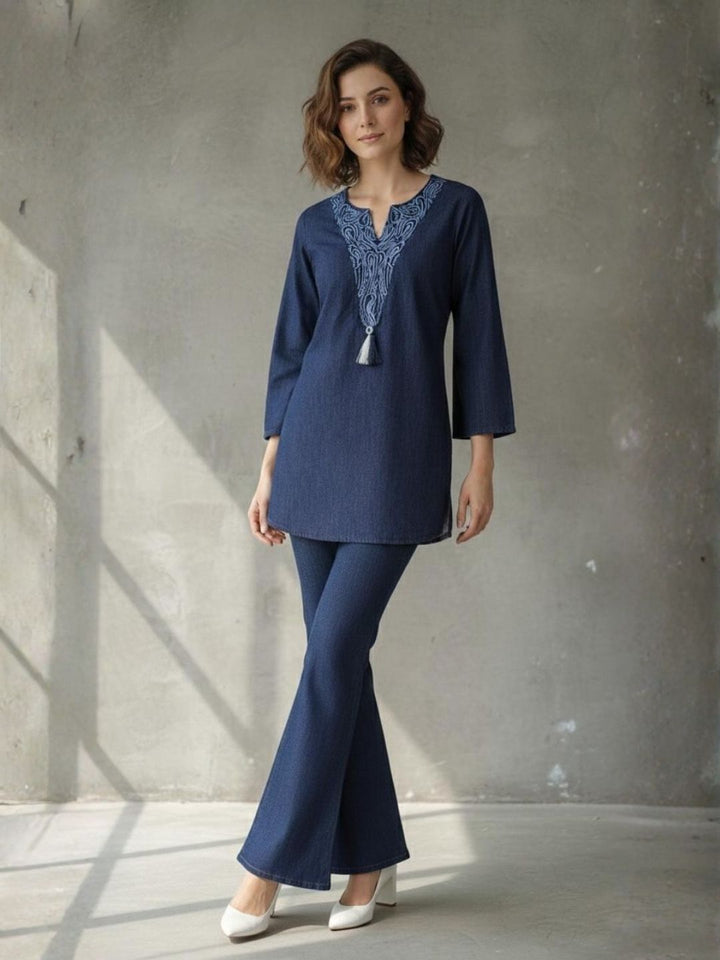 Prisha lapis denim embroidery co-ord set