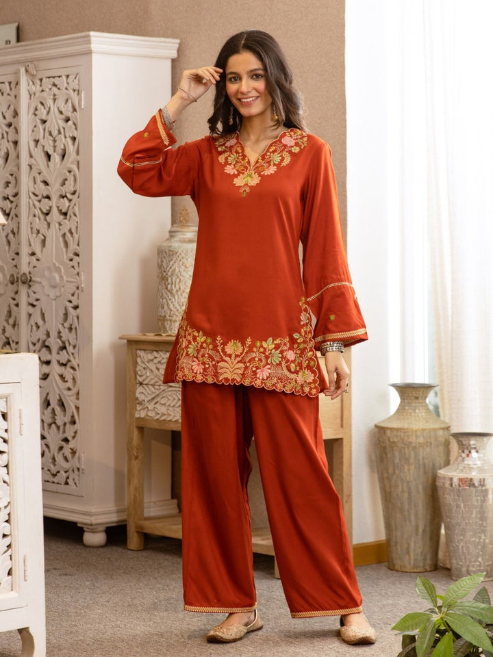 Karen Apricot Embroidery Cotton Co-ord Set