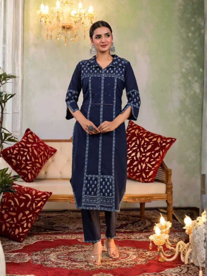 Yutika Navy Cotton Kurta Pant Set