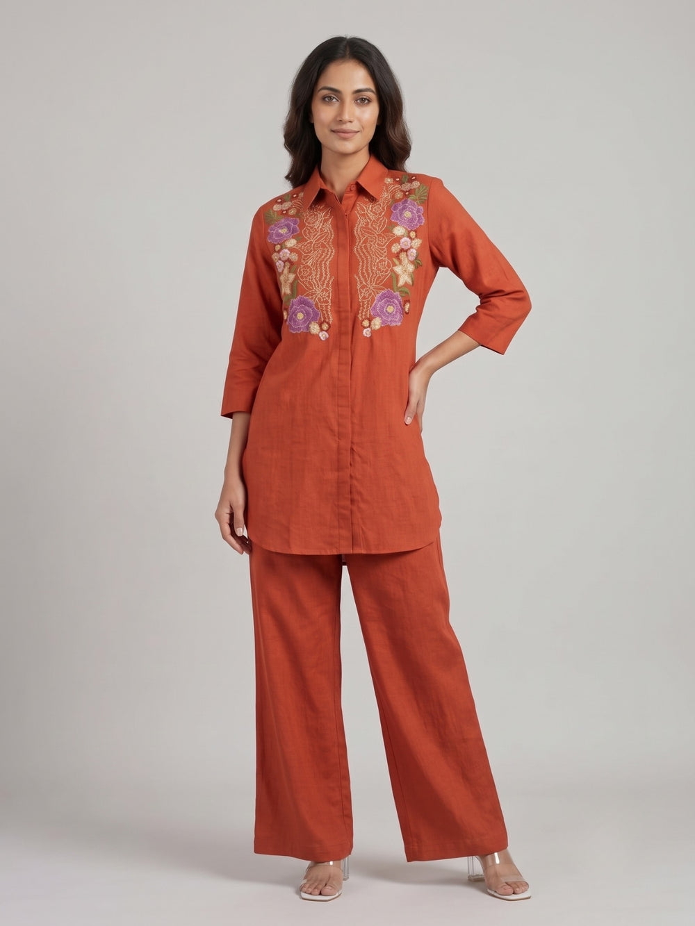 Viyona Apricot Embroidery Cotton Co-Ord Set