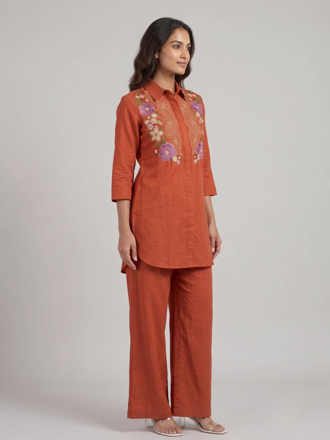 Viyona Apricot Embroidery Cotton Co-Ord Set