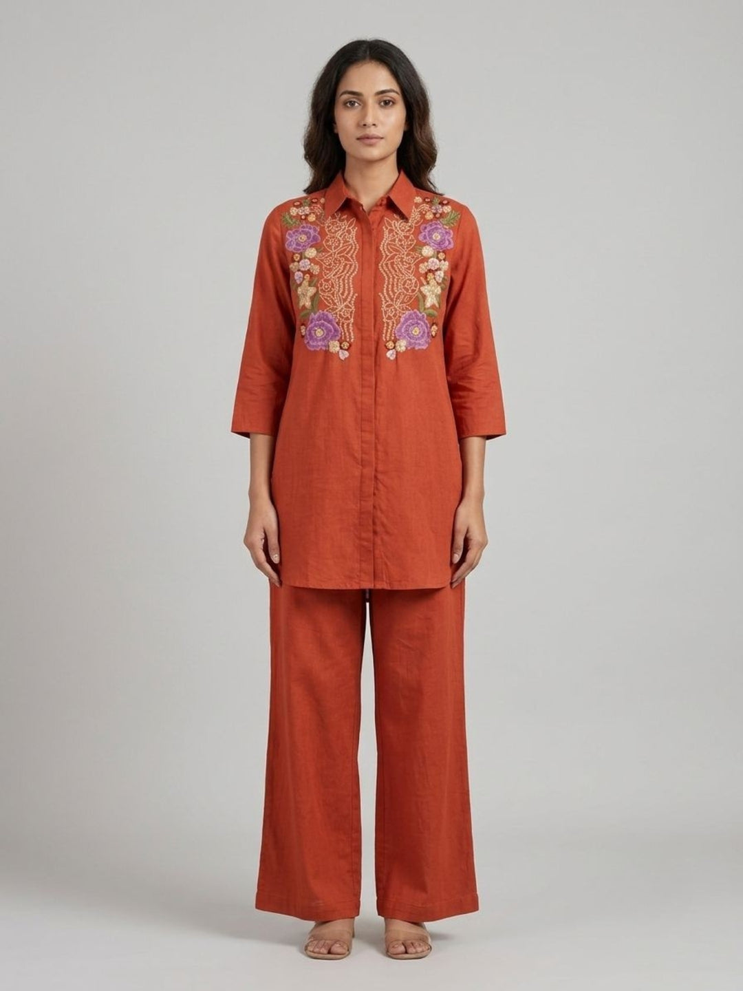 Viyona Apricot Embroidery Cotton Co-Ord Set