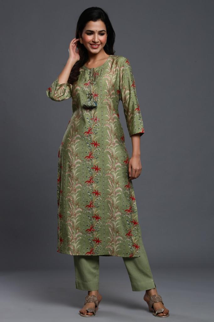 Toshita MossGreen Muslin Kurta Pant Set