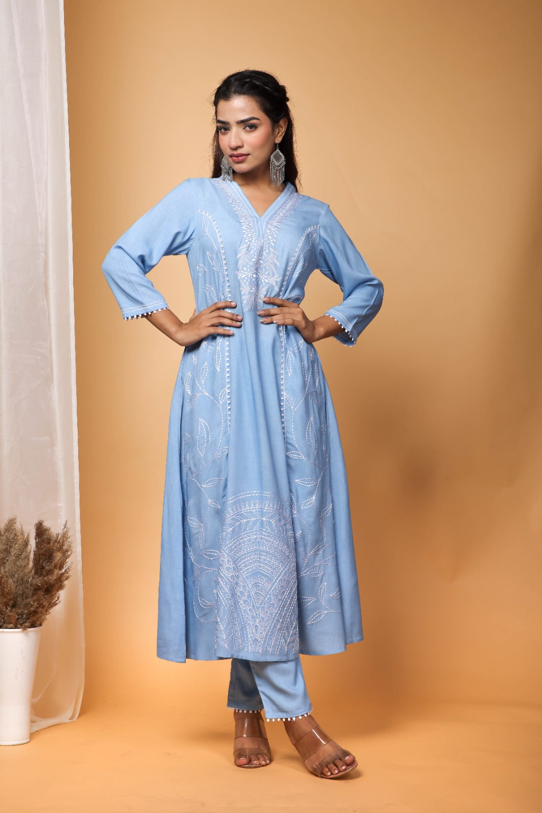 Alsaba Powder Blue Full Embroidery Kurta Pant Set – Autumn Lane Clothing