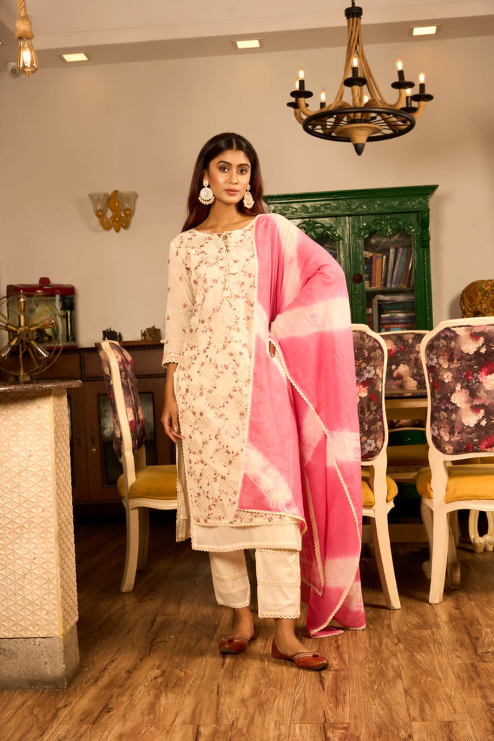 HEEMA CREAM COTTON  FLORAL EMBROIDERY SUIT SET