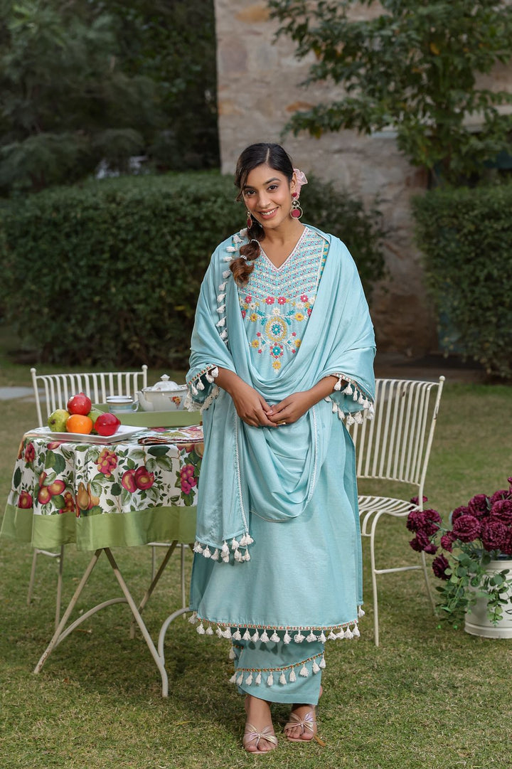 Poonam Sky Embroidery Cotton Suit Set