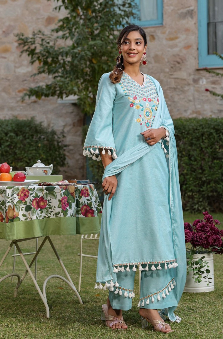 Poonam Sky Embroidery Cotton Suit Set