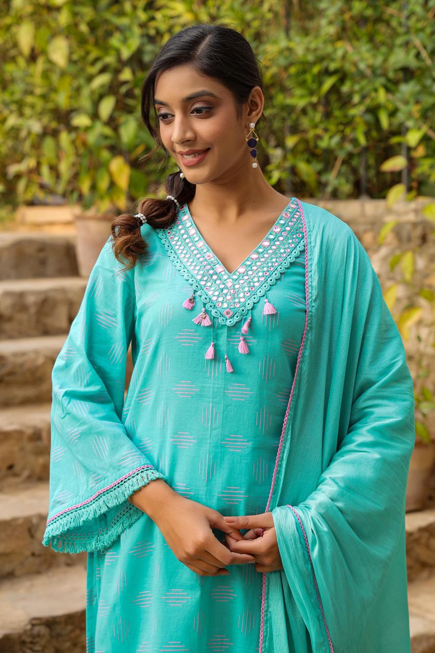 Poonam Aqua Cotton Suit Set