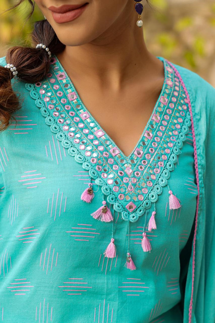 Poonam Aqua Cotton Suit Set