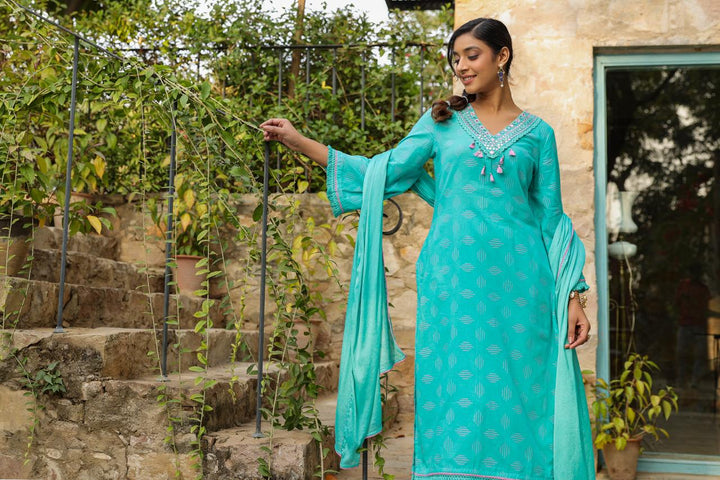 Poonam Aqua Cotton Suit Set