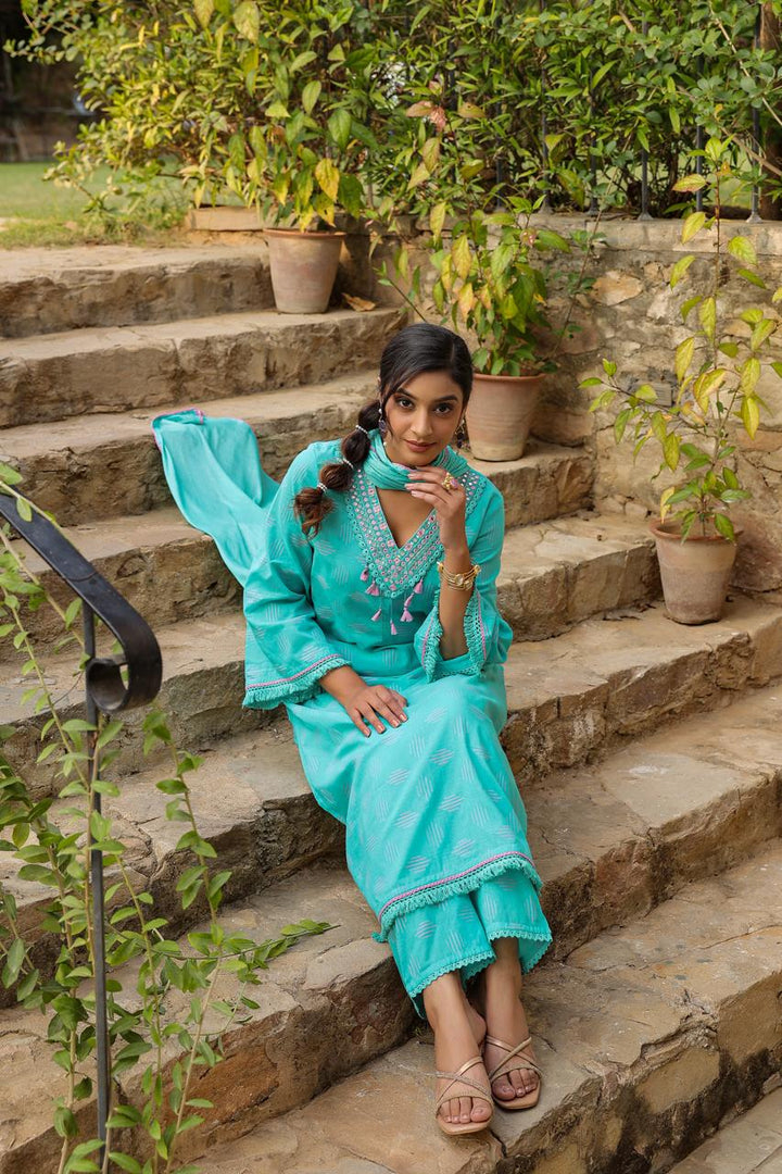 Poonam Aqua Cotton Suit Set