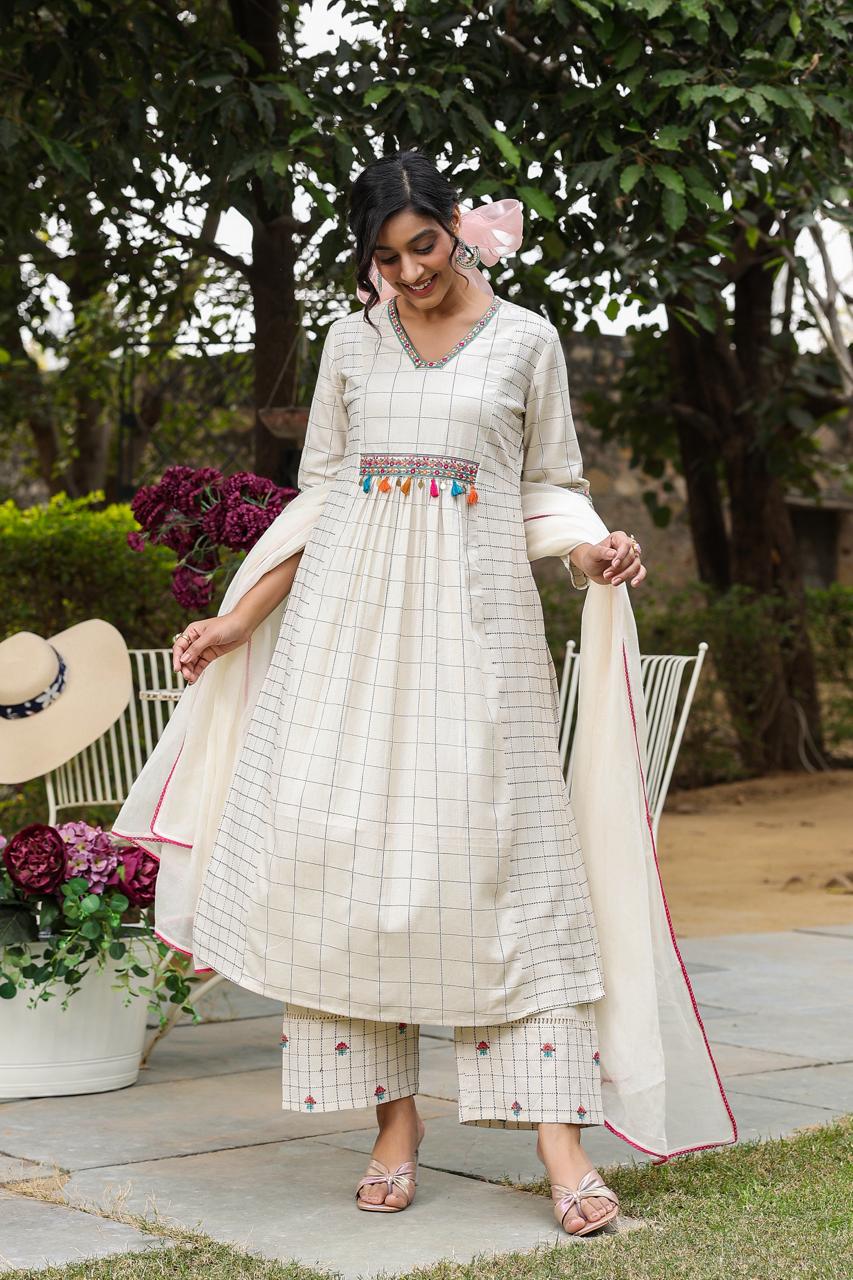 Poonam Checks Embroidered Cotton Suit Set