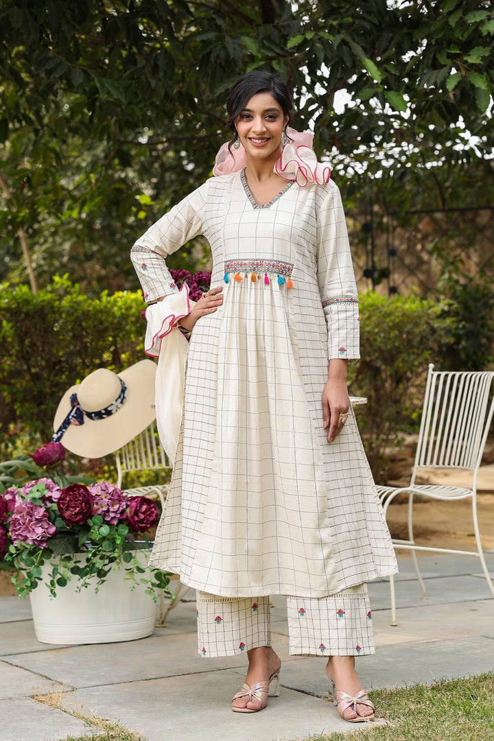 Poonam Checks Embroidered Cotton Suit Set