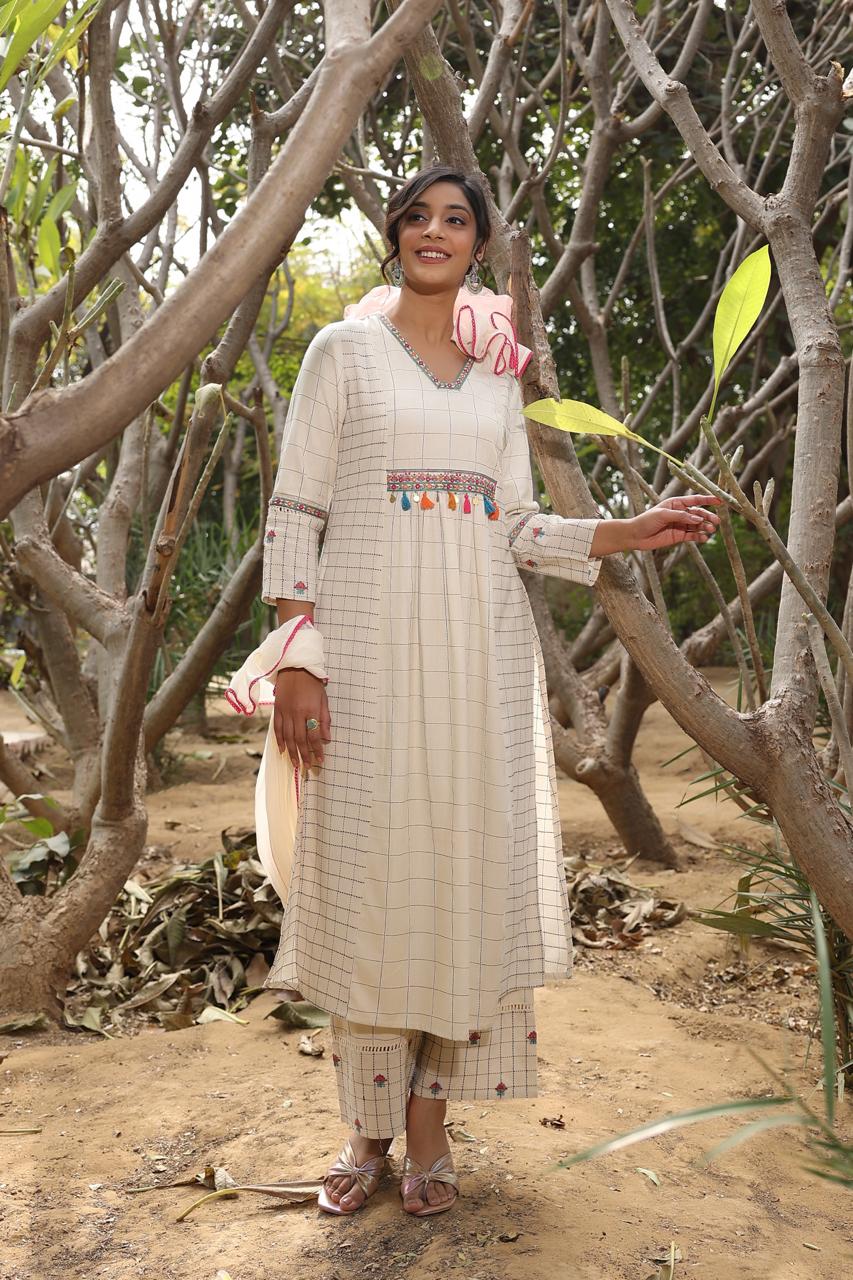 Poonam Checks Embroidered Cotton Suit Set