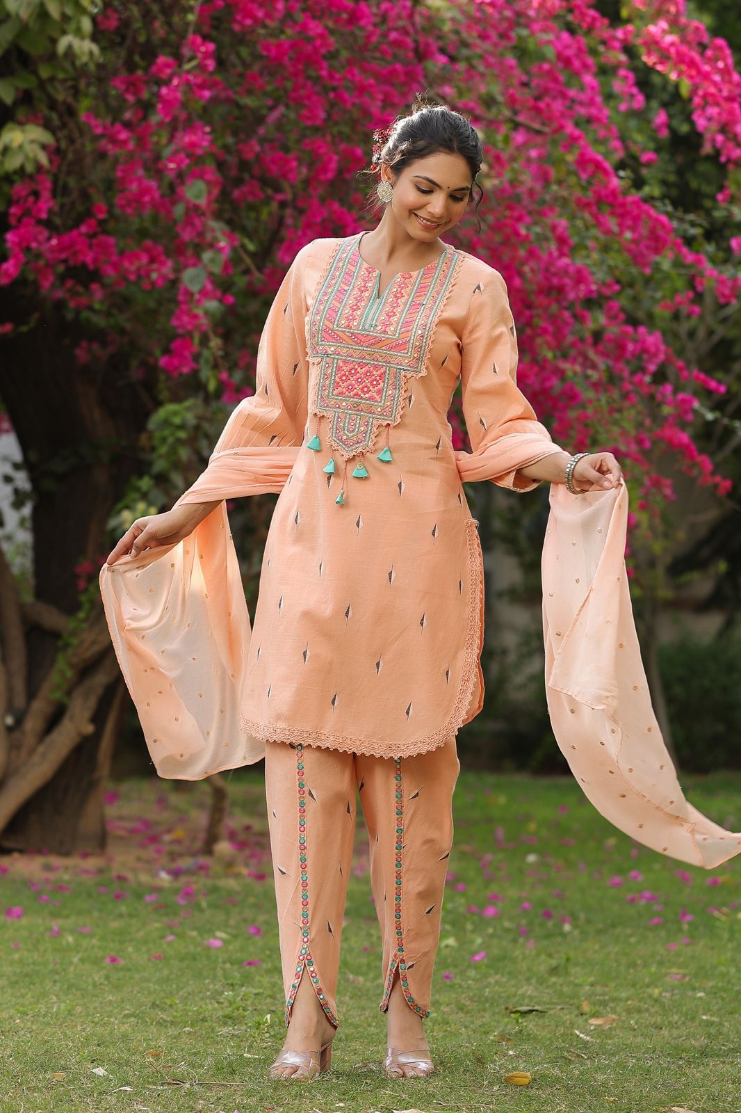 POONAM APRICOT EMBROIDERED FANCY SUIT SET