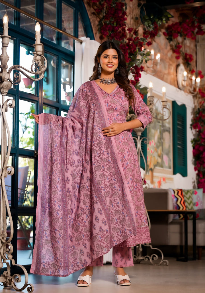 Archana Orchid Printed Cotton Suit Set