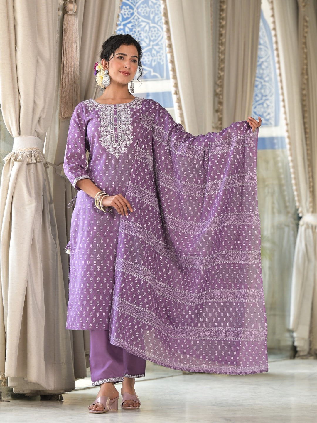 Radhya Purple Cotton Suit Set