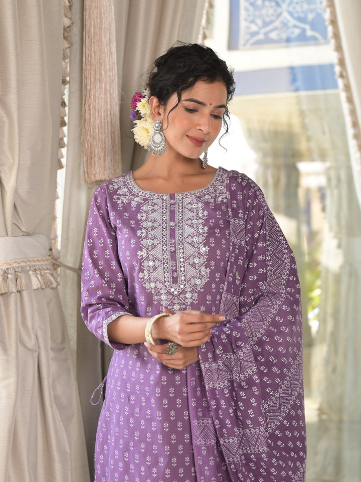 Radhya Purple Cotton Suit Set