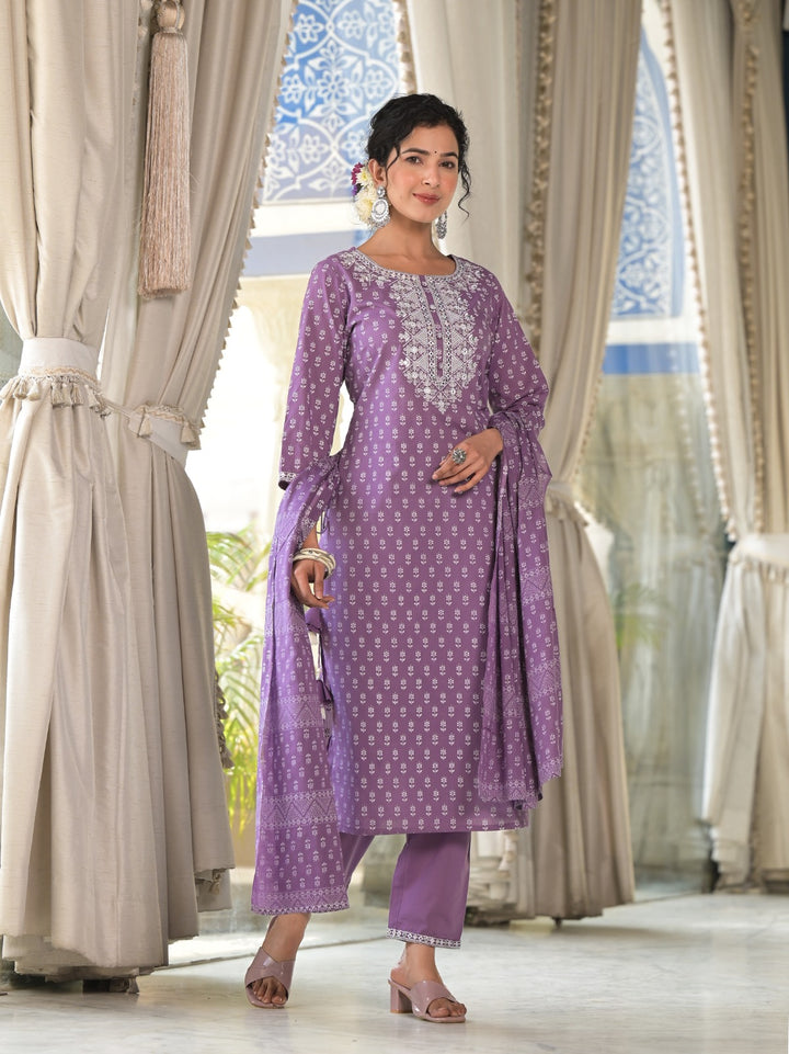 Radhya Purple Cotton Suit Set