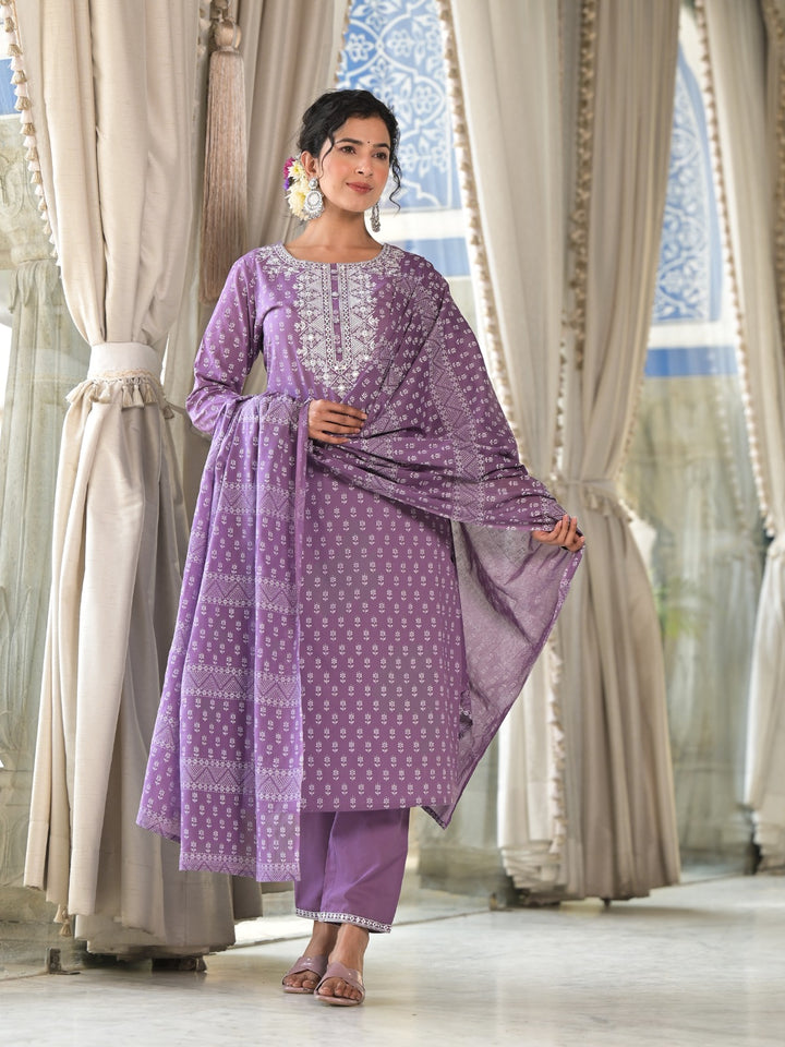 Radhya Purple Cotton Suit Set