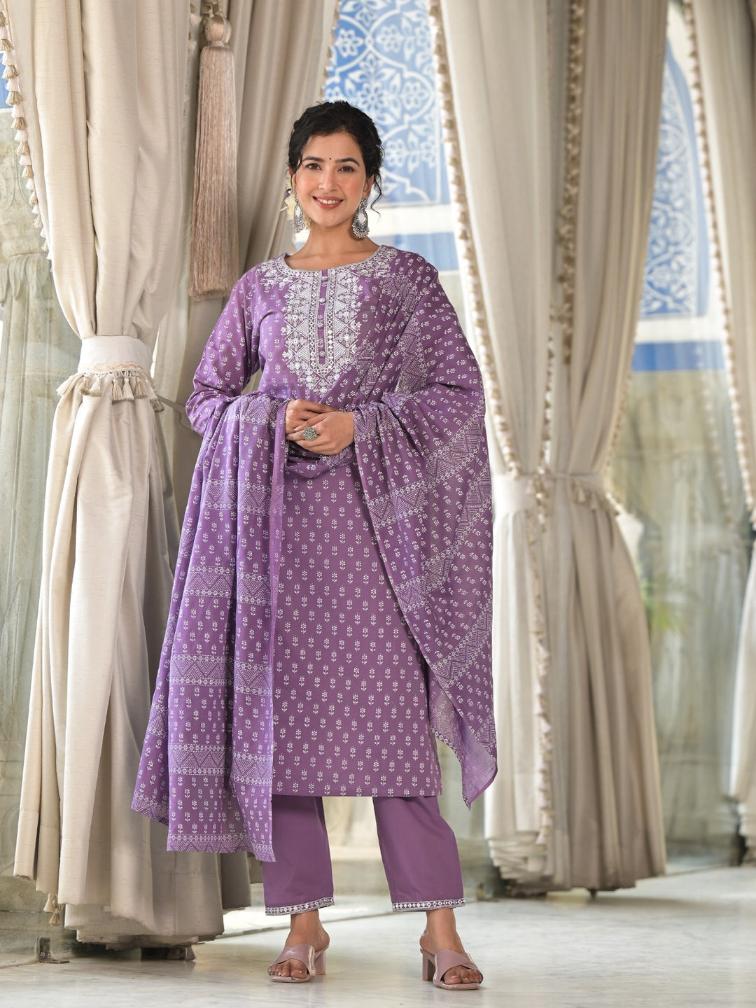 Radhya Purple Cotton Suit Set