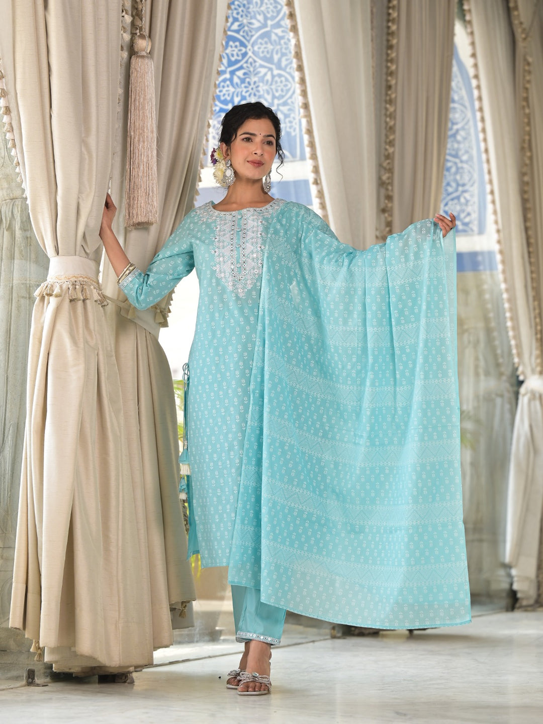 Radhya Sky Cotton Suit Set