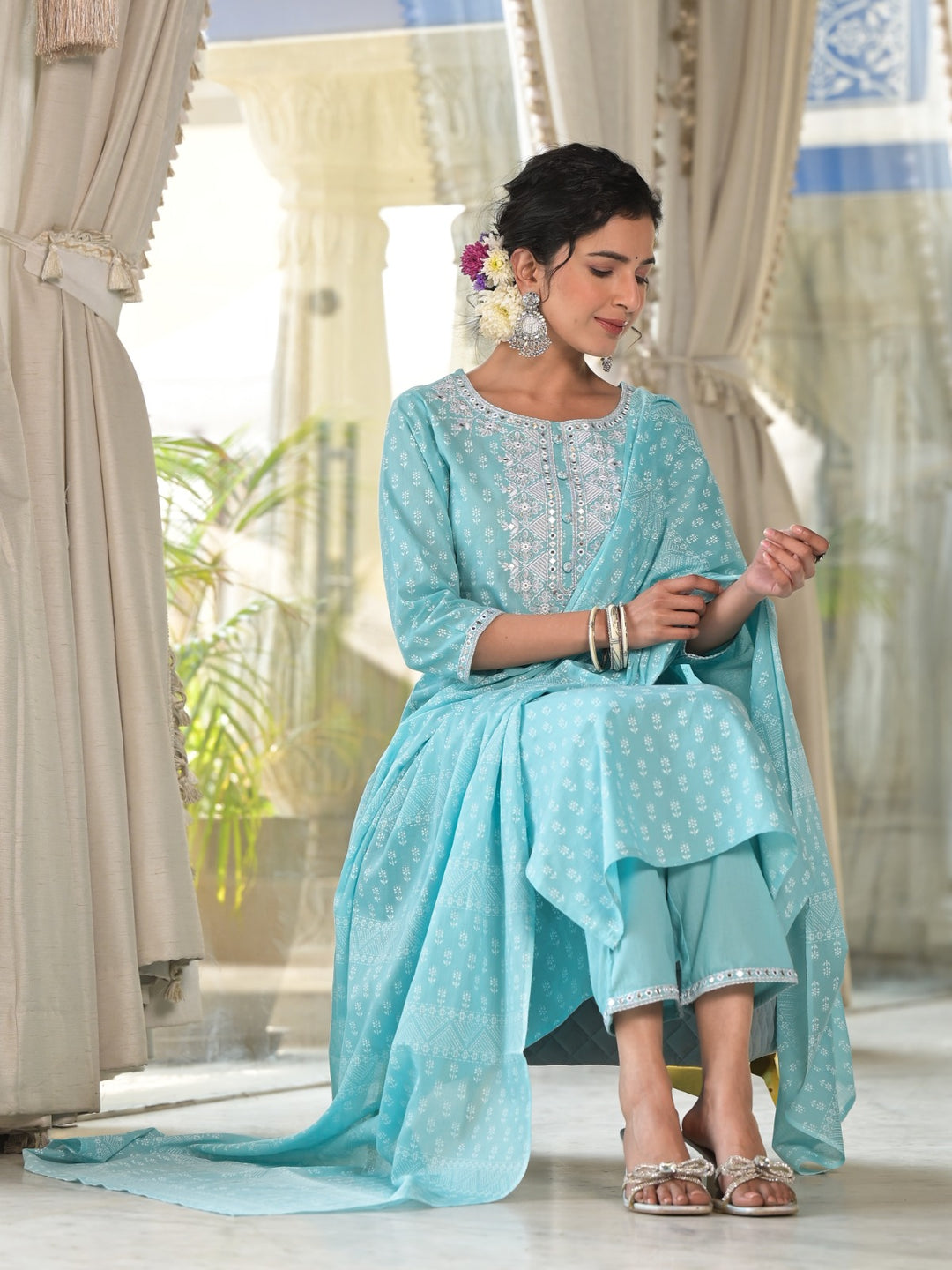 Radhya Sky Cotton Suit Set