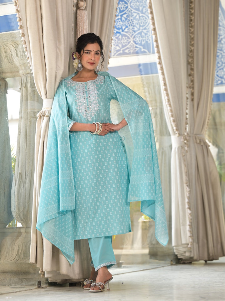 Radhya Sky Cotton Suit Set